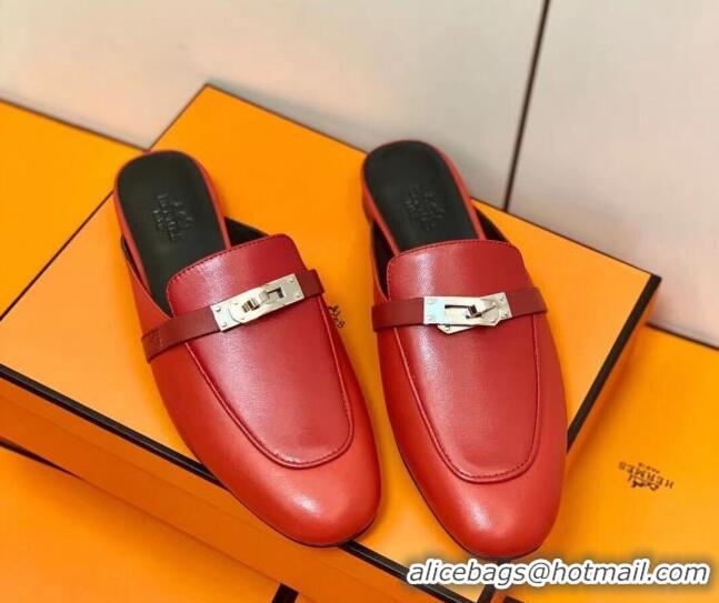 Unique Style Hermes Oz Mule in Smooth Calfskin with Iconic Kelly Buckle Deep Red 0209071