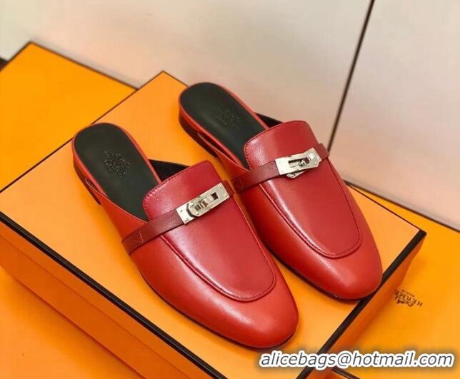 Unique Style Hermes Oz Mule in Smooth Calfskin with Iconic Kelly Buckle Deep Red 0209071