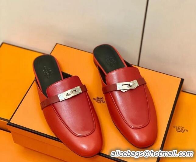 Unique Style Hermes Oz Mule in Smooth Calfskin with Iconic Kelly Buckle Deep Red 0209071