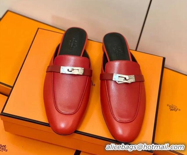 Unique Style Hermes Oz Mule in Smooth Calfskin with Iconic Kelly Buckle Deep Red 0209071