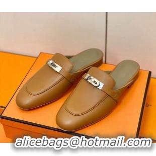 Good Quality Hermes Oz Mule in Smooth Calfskin with Iconic Kelly Buckle Brown 0211055