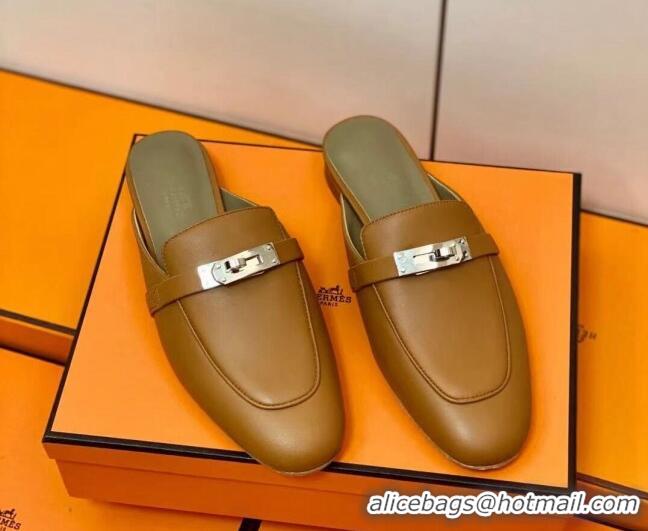 Good Quality Hermes Oz Mule in Smooth Calfskin with Iconic Kelly Buckle Brown 0211055