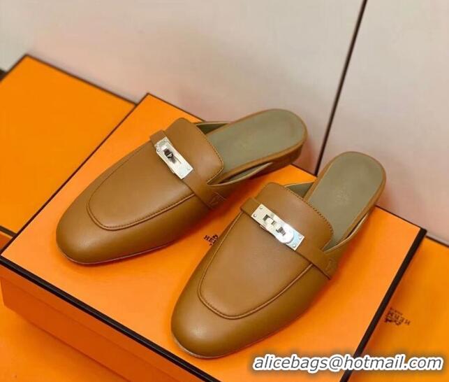 Good Quality Hermes Oz Mule in Smooth Calfskin with Iconic Kelly Buckle Brown 0211055