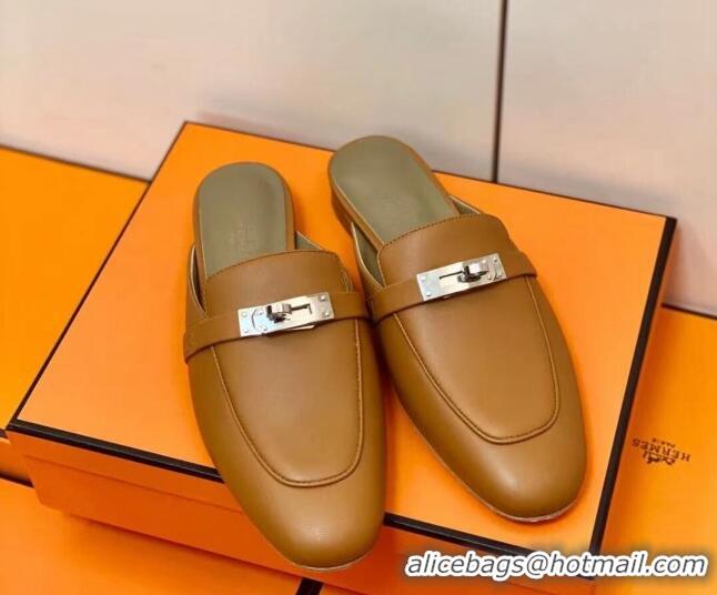 Good Quality Hermes Oz Mule in Smooth Calfskin with Iconic Kelly Buckle Brown 0211055