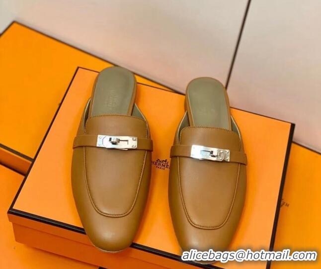 Good Quality Hermes Oz Mule in Smooth Calfskin with Iconic Kelly Buckle Brown 0211055