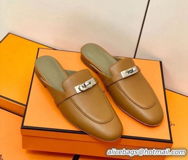 Good Quality Hermes Oz Mule in Smooth Calfskin with Iconic Kelly Buckle Brown 0211055