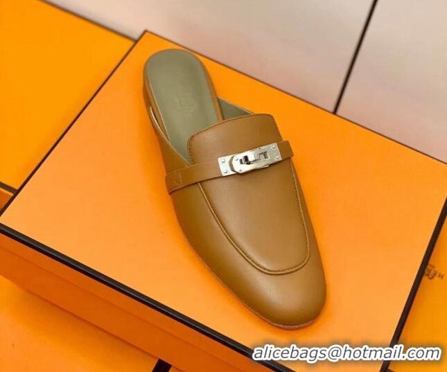 Good Quality Hermes Oz Mule in Smooth Calfskin with Iconic Kelly Buckle Brown 0211055