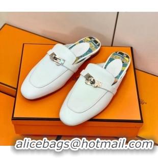 Shop Duplicate Hermes Oz Mule in Smooth Calfskin with Iconic Kelly Buckle White 0211057