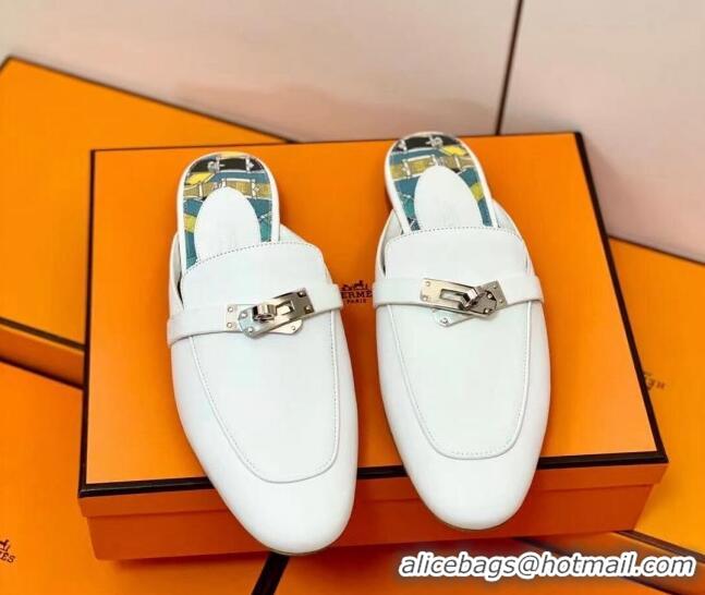 Shop Duplicate Hermes Oz Mule in Smooth Calfskin with Iconic Kelly Buckle White 0211057