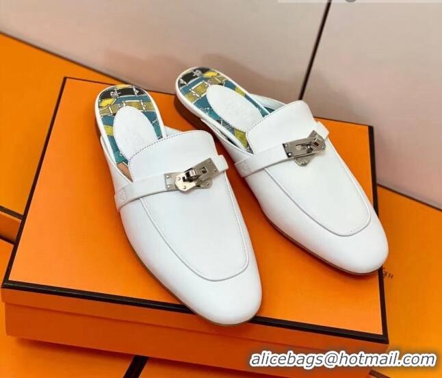 Shop Duplicate Hermes Oz Mule in Smooth Calfskin with Iconic Kelly Buckle White 0211057