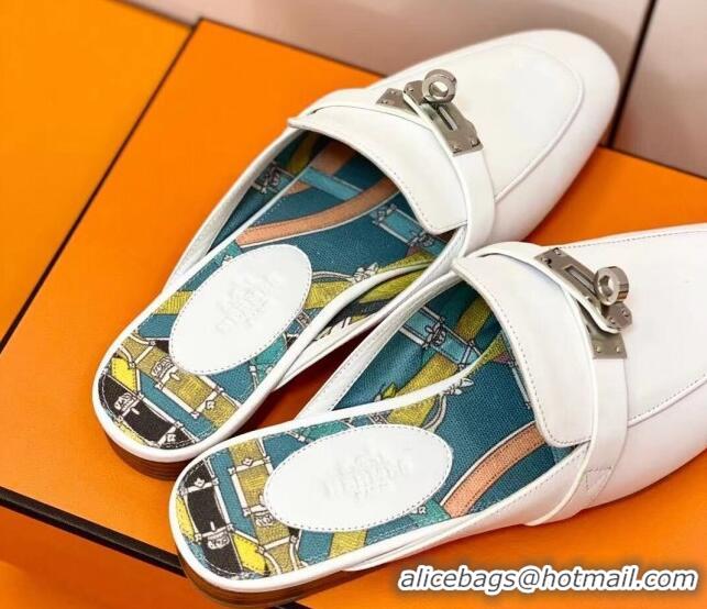 Shop Duplicate Hermes Oz Mule in Smooth Calfskin with Iconic Kelly Buckle White 0211057