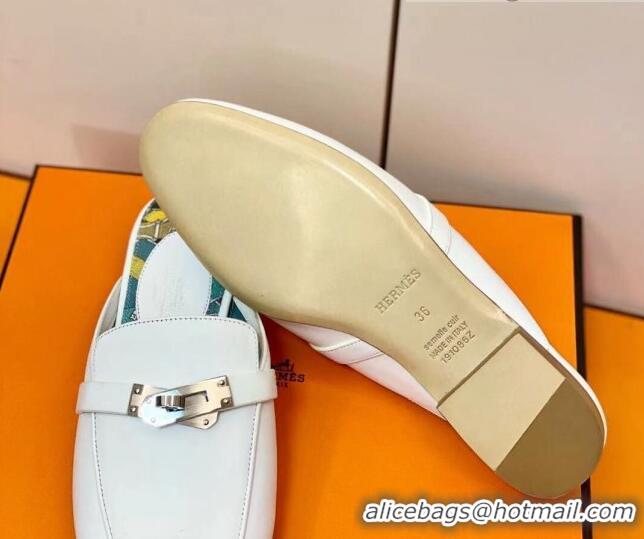 Shop Duplicate Hermes Oz Mule in Smooth Calfskin with Iconic Kelly Buckle White 0211057