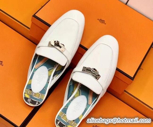 Shop Duplicate Hermes Oz Mule in Smooth Calfskin with Iconic Kelly Buckle White 0211057