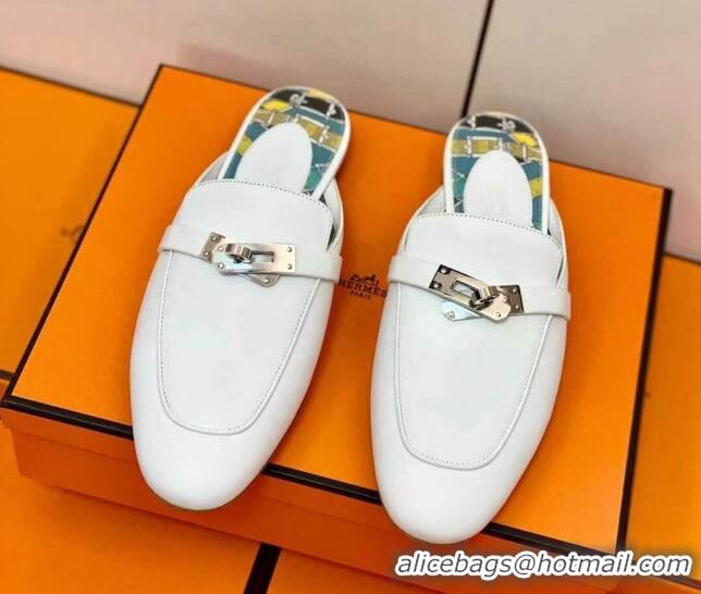 Shop Duplicate Hermes Oz Mule in Smooth Calfskin with Iconic Kelly Buckle White 0211057