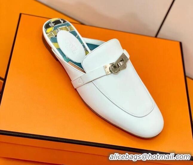 Shop Duplicate Hermes Oz Mule in Smooth Calfskin with Iconic Kelly Buckle White 0211057