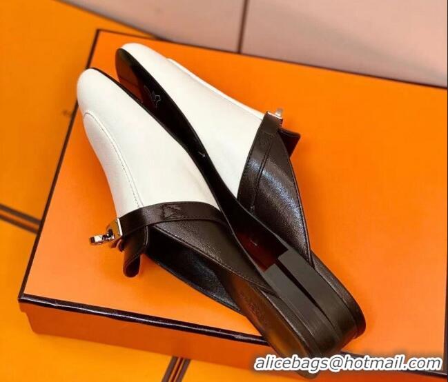 Charming Hermes Oz Mule in Smooth Calfskin with Iconic Kelly Buckle White/Black 0211058