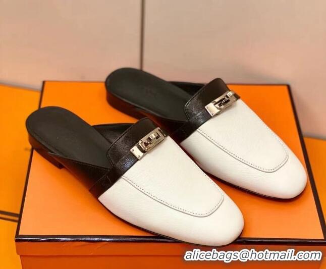 Charming Hermes Oz Mule in Smooth Calfskin with Iconic Kelly Buckle White/Black 0211058