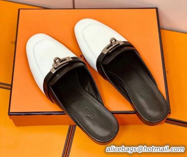 Charming Hermes Oz Mule in Smooth Calfskin with Iconic Kelly Buckle White/Black 0211058