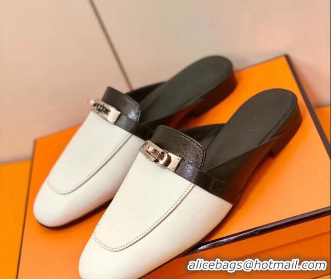 Charming Hermes Oz Mule in Smooth Calfskin with Iconic Kelly Buckle White/Black 0211058