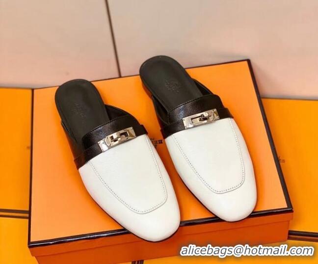 Charming Hermes Oz Mule in Smooth Calfskin with Iconic Kelly Buckle White/Black 0211058