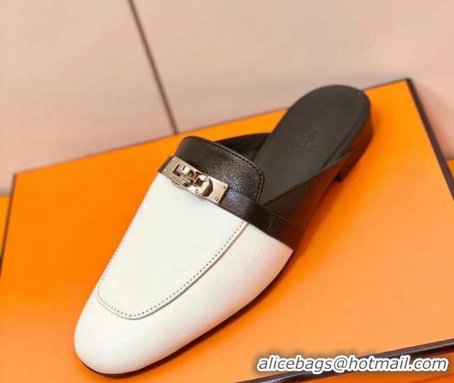 Charming Hermes Oz Mule in Smooth Calfskin with Iconic Kelly Buckle White/Black 0211058