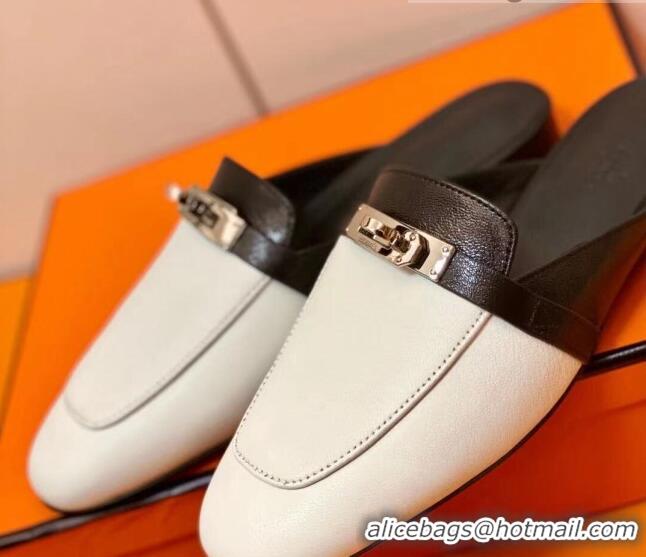 Charming Hermes Oz Mule in Smooth Calfskin with Iconic Kelly Buckle White/Black 0211058