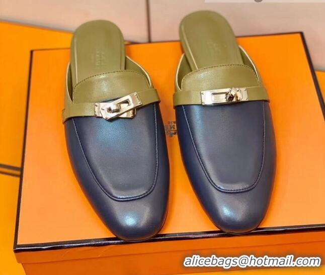 Good Quality Hermes Oz Mule in Smooth Calfskin with Iconic Kelly Buckle Khaki/Blue 0211062