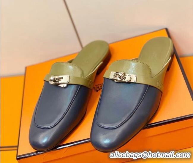 Good Quality Hermes Oz Mule in Smooth Calfskin with Iconic Kelly Buckle Khaki/Blue 0211062