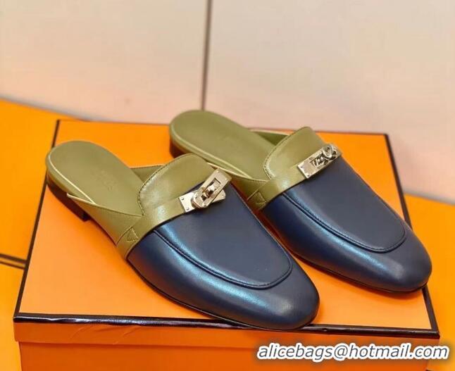 Good Quality Hermes Oz Mule in Smooth Calfskin with Iconic Kelly Buckle Khaki/Blue 0211062