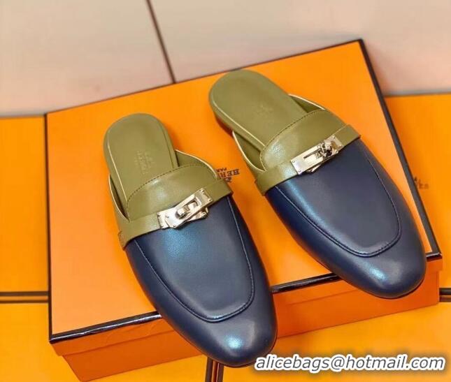 Good Quality Hermes Oz Mule in Smooth Calfskin with Iconic Kelly Buckle Khaki/Blue 0211062