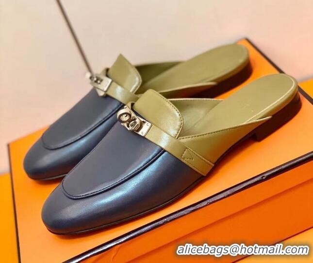 Good Quality Hermes Oz Mule in Smooth Calfskin with Iconic Kelly Buckle Khaki/Blue 0211062