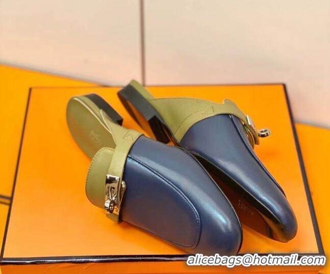 Good Quality Hermes Oz Mule in Smooth Calfskin with Iconic Kelly Buckle Khaki/Blue 0211062