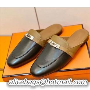 Low Price Hermes Oz Mule in Smooth Calfskin with Iconic Kelly Buckle Brown/Black 0211063