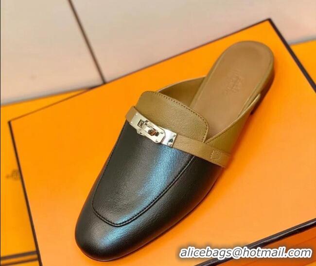 Low Price Hermes Oz Mule in Smooth Calfskin with Iconic Kelly Buckle Brown/Black 0211063