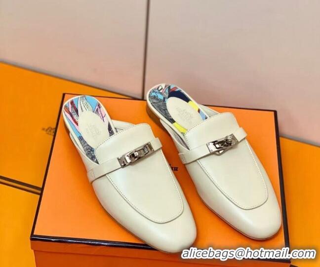 Discount Hermes Oz Mule in Smooth Calfskin with Iconic Kelly Buckle Off-white 0211064