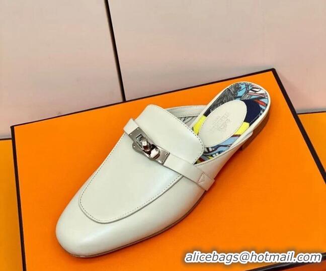 Discount Hermes Oz Mule in Smooth Calfskin with Iconic Kelly Buckle Off-white 0211064