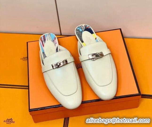 Discount Hermes Oz Mule in Smooth Calfskin with Iconic Kelly Buckle Off-white 0211064