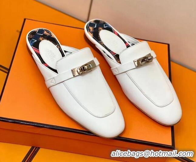 Grade Hermes Oz Mule in Smooth Calfskin with Iconic Kelly Buckle White 0211065