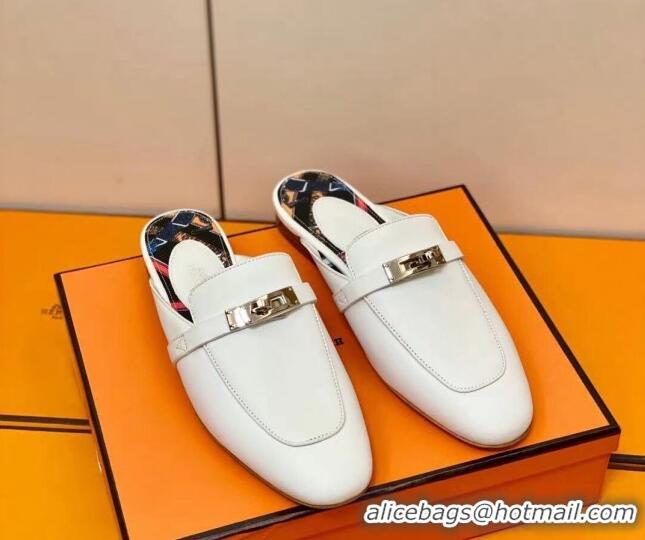 Grade Hermes Oz Mule in Smooth Calfskin with Iconic Kelly Buckle White 0211065