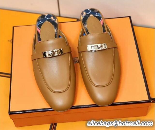 Trendy Design Hermes Oz Mule in Smooth Calfskin with Iconic Kelly Buckle Brown 0211066