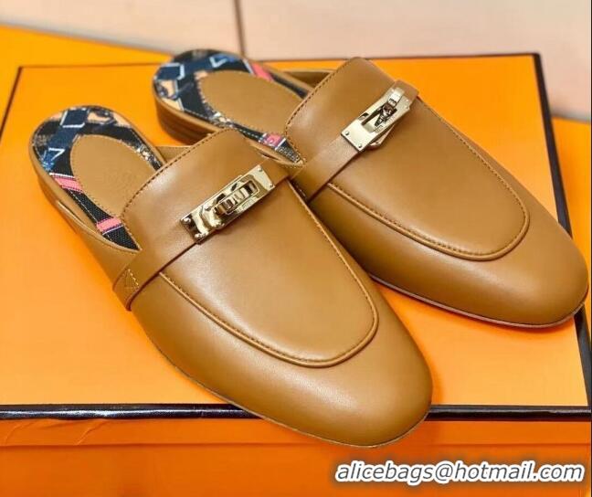 Trendy Design Hermes Oz Mule in Smooth Calfskin with Iconic Kelly Buckle Brown 0211066