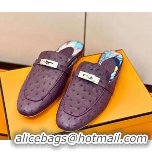 Stylish Hermes Oz Mule in Ostrich Leather with Iconic Kelly Buckle Purple 212052