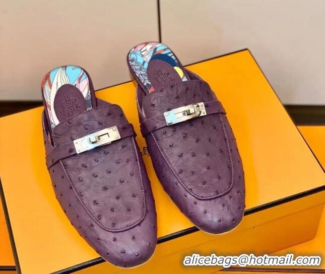 Stylish Hermes Oz Mule in Ostrich Leather with Iconic Kelly Buckle Purple 212052