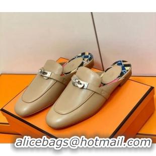 Cheap Price Hermes Oz Mule in Smooth Calfskin with Iconic Kelly Buckle Khaki 212055