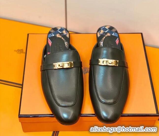 Best Price Hermes Oz Mule in Smooth Calfskin with Iconic Kelly Buckle Black 0212056