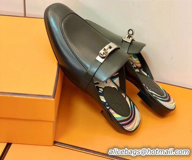 Discount Hermes Oz Mule in Smooth Calfskin with Iconic Kelly Buckle Black 0212058