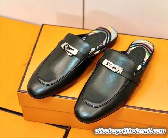 Discount Hermes Oz Mule in Smooth Calfskin with Iconic Kelly Buckle Black 0212058