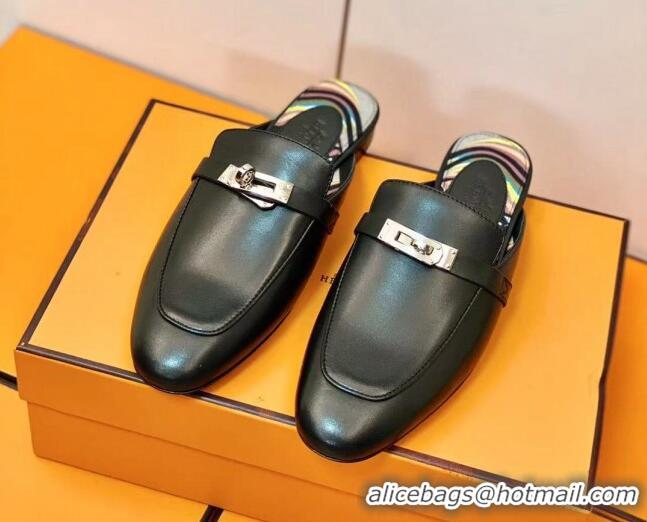 Discount Hermes Oz Mule in Smooth Calfskin with Iconic Kelly Buckle Black 0212058