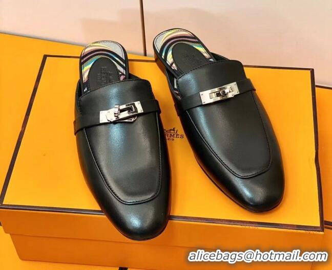 Discount Hermes Oz Mule in Smooth Calfskin with Iconic Kelly Buckle Black 0212058