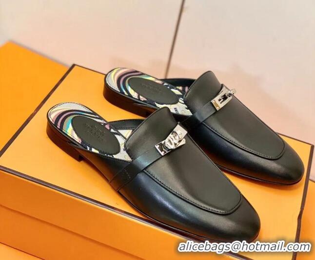 Discount Hermes Oz Mule in Smooth Calfskin with Iconic Kelly Buckle Black 0212058